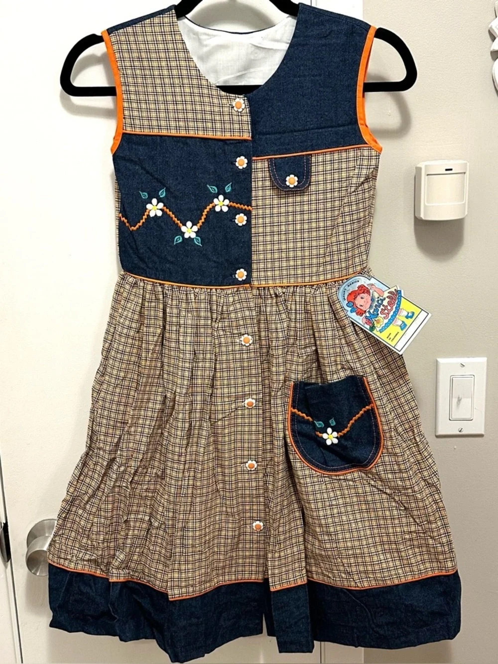 Vintage Narci Stell Sleeveless Patchwork Plaid Denim Flower Dress Girl 10 orange